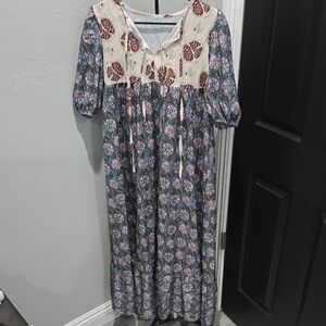 SHEIN Pomegranate Floral Patterned Maxi Dress, Vintage Look, Peasant + Boho